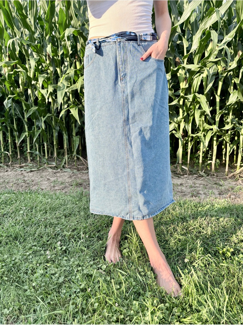 Classic Light Blue Denim Midi Skirt - Women's Casual